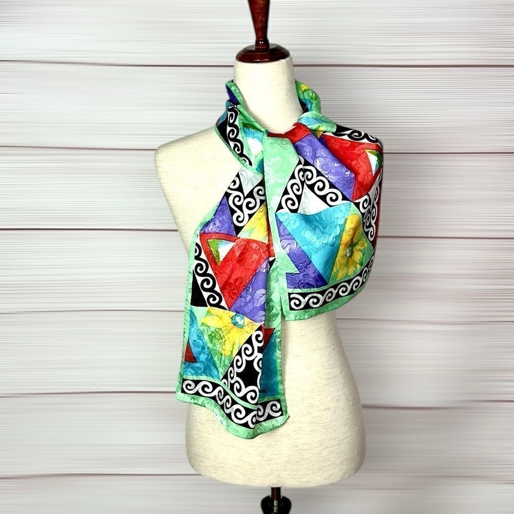 HONEY Silk Rectangle Scarf Colorful Geometric Pattern - Picture 4 of 7
